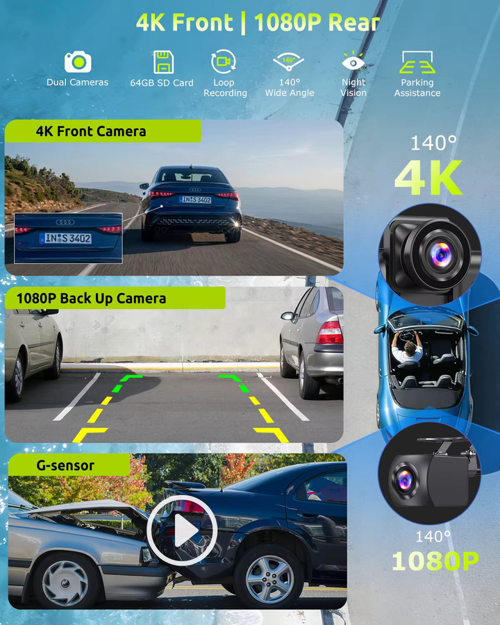 ESSGOO Tragbares Autoradio mit 10,26 Zoll 4K Touchscreen, kabelloses CarPlay, Android Auto, Bluetooth, Mirror Link und Dual-Lens Dashcam inklusive Rückfahrkamera in Schwarz - Bild 3