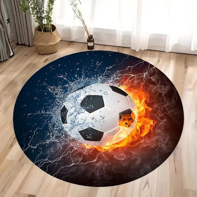 Miniso Runder Teppich im Fußball-Design, Grau, Durchmesser: 80 cm, Rutschfest und Waschbar - Bild 1