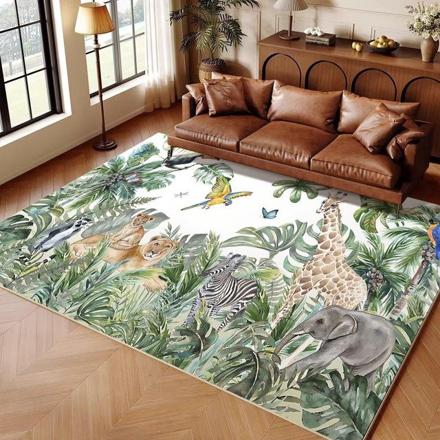 Karpetti Kinderteppich mit Dschungeltier-Cartoon-Design, rutschfest und waschbar, B/B: 160 x 230 cm, Mehrfarbig - Bild 1