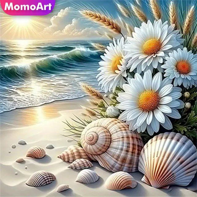 Momoart Diamantmalerei DIY Set Meerlandschaft mit Sonnenuntergang und Blumen, Multicolour, B/H: 20 x 20 cm - Bild 1
