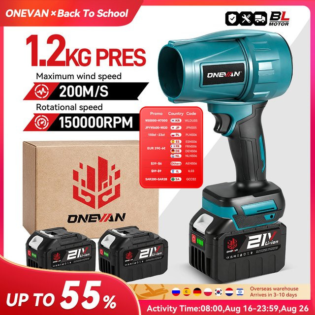 ONEVAN Bürstenloses Elektro-Turbogebläse 3500W Jetventilator als Autotrockner und Staubblasgerät für Makita 18V Akku, Blau - Bild 1