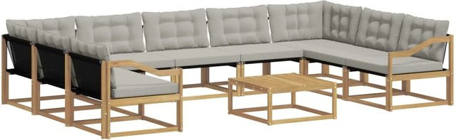 vidaXL Outdoor-Sofagarnitur aus massivem Akazienholz mit Textilene und Kissen, 10-teilig, Weiß-hellgrau - Bild 1