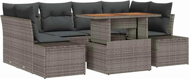 vidaXL Garten-Sofa-Set aus Poly-Rattan in Grau, 7-teiliges U-Shape Lounge-Set mit Tisch und integriertem Kissen-Speicher - Bild 1