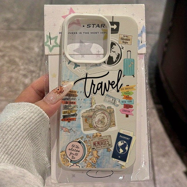 Handyhülle mit Reiseelement-Collage-Design und Lychee-Textur für Apple iPhone 11 bis 17 Pro Max Plus Air X XS XR, Multicolor, weiche Abdeckung - Bild 1