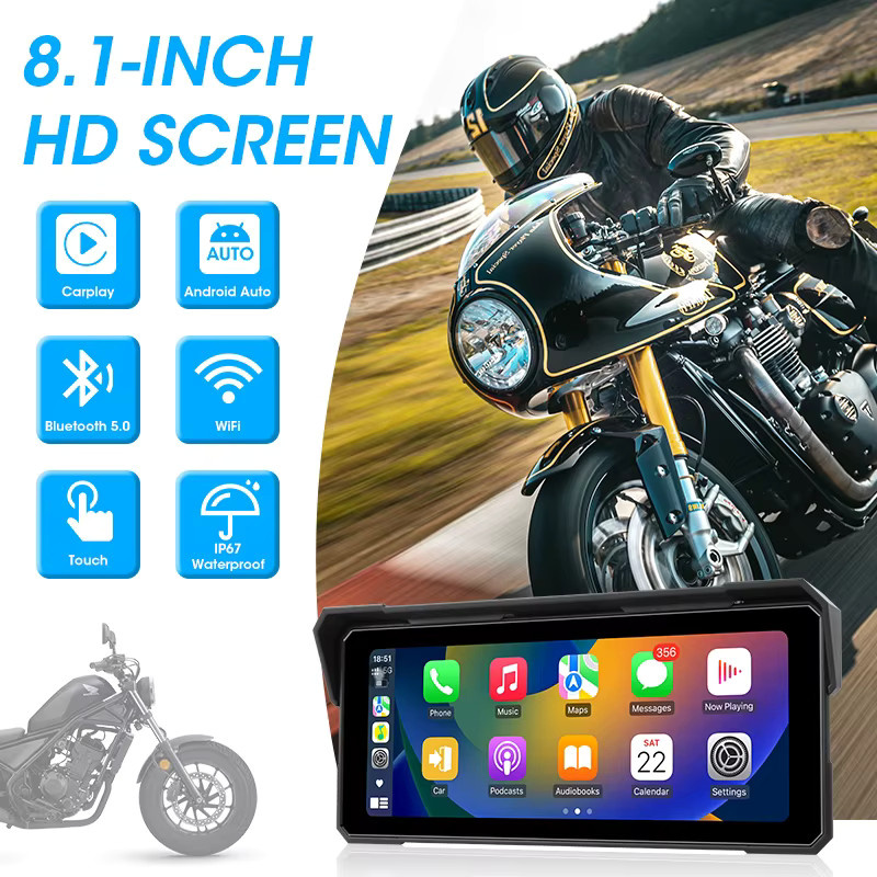 Jansite Tragbares Motorrad-Display mit 8,1 Zoll Bildschirm, Bluetooth, Carplay, Android Auto Navigation und TPMS, IP67 wasserdicht, Schwarz - Bild 2