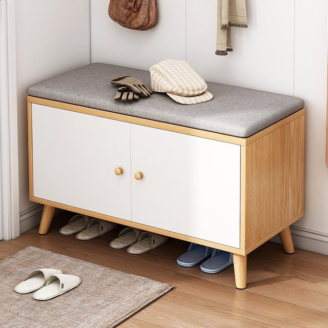 Moderner Schuhschrank mit Schuhwechselhocker von LIUSHADUOLA in Weiß mit mattem Holz-Finish - Bild 1