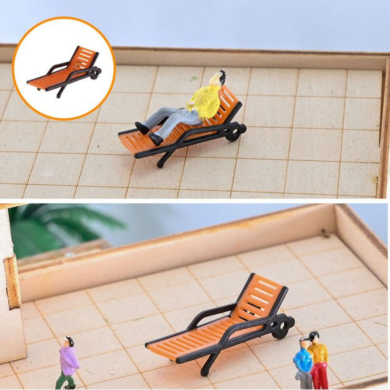 5 Stück Miniatur Strand Liegestühle im Maßstab 1:30, orange gestreift, Kunststoff für Diorama und Gartenmodell - Bild 1