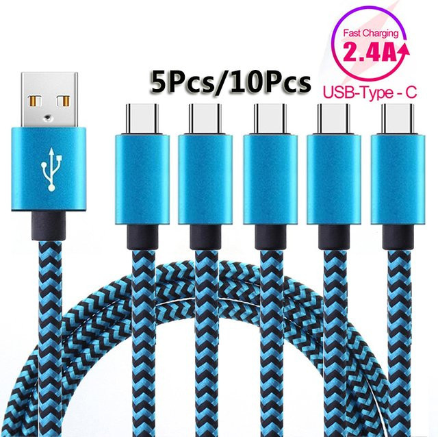 USB Typ C Kabel für Samsung und Android Handys, Nylon geflochtenes Schnellladekabel mit Daten-Sync, 2,4 A, Weiß und Blau - Bild 1
