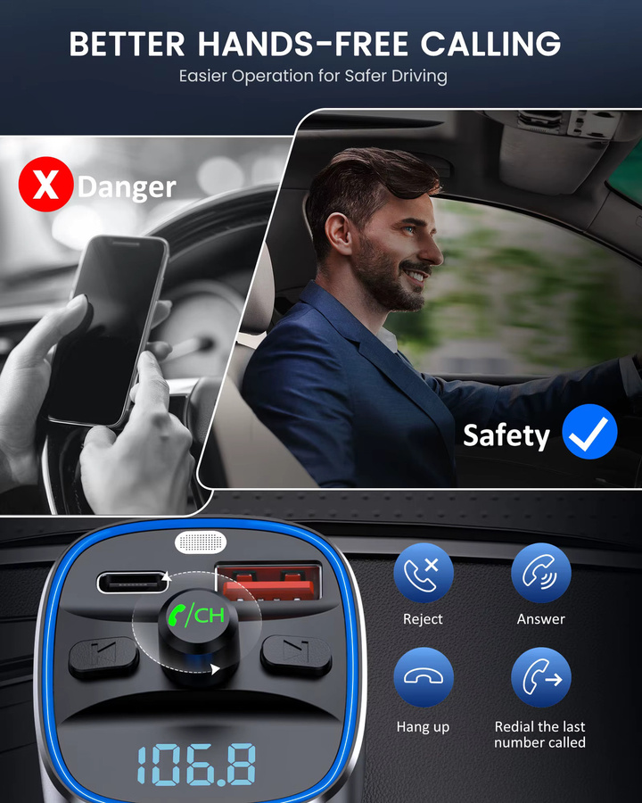 LENCENT Bluetooth 5.4 FM-Transmitter mit PD 30 W und QC 18 W Schnellladung, kabelloser Radio-Musik-Auto-Adapter in Schwarz - Bild 4