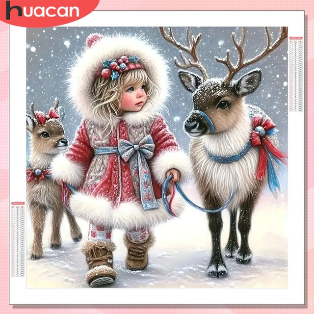HUACAN 5D DIY Diamant Mosaik Set Mädchen Porträt im Winter mit Hirsch und Weihnachts-Motiv, Mehrfarbig, B/H: 20 x 20 cm - Bild 1