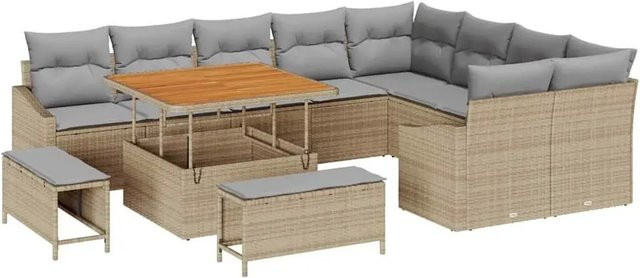 vidaXL Garten-Sofa-Set mit 12 Teilen und Kissen aus Poly-Rattan in Beige - Bild 1