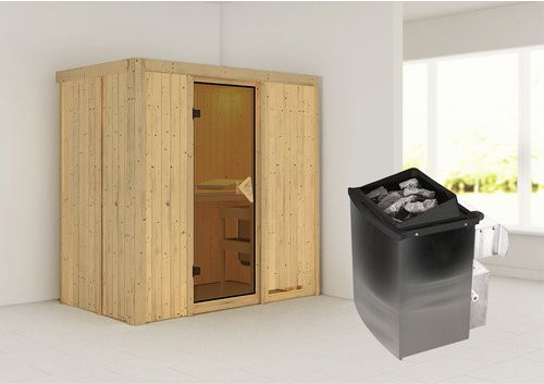 Karibu Sauna Pärnu aus Fichtenholz in Beige inklusive 9 kW Saunaofen mit integrierter Steuerung für 2 Personen, B/T/H: 198 x 118 x 196 cm - Bild 1