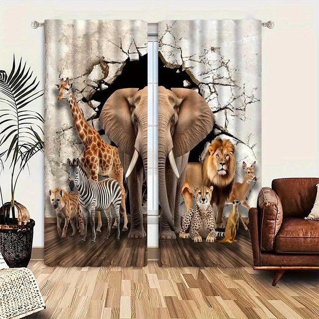 2er-Set Vorhänge mit Dschungel-Tierprint von Household supplies MH, halbtransparent, Mehrfarbig, B: 220 cm, H: 214 cm - Bild 1