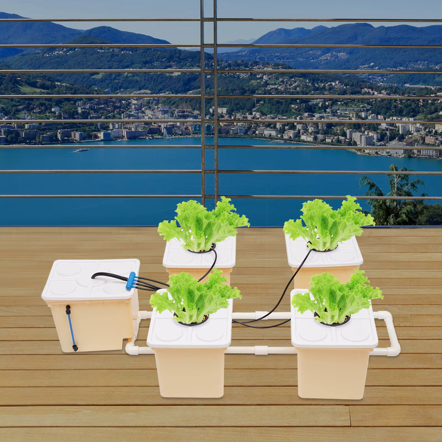 Bymaocar 4-Sites-DWC-Hydroponik-Anbausystem mit 4W-Pumpe und 5 Eimern in Gelb und Weiß für den Anbau von Kräutern, Gemüse und Blumen im Innenbereich - Bild 2