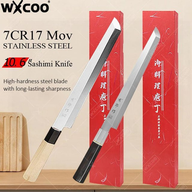 WXCOO Sashimi-Messer aus Edelstahl im japanischen Stil, silbernes Sushi- und Lachsmesser mit Holzgriff - Bild 1