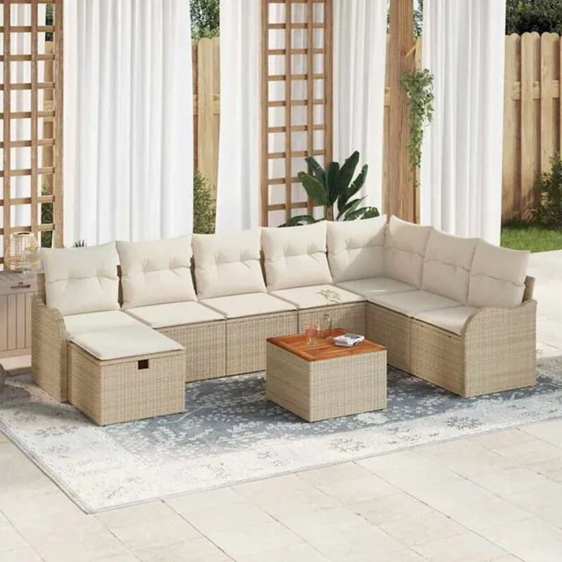 Vidaxl Garten-Sofa-Set aus Poly-Rattan mit Kissen und Stauraum in Beige, 9-teilig - Bild 1