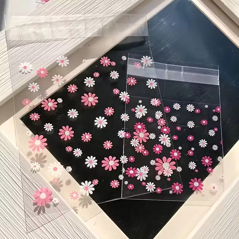 100 Stück transparente Blumen-Verpackungsbeutel in Rosa, selbstklebende Kunststoffbeutel für Süßigkeiten, Kekse und Lebensmittel - Bild 4