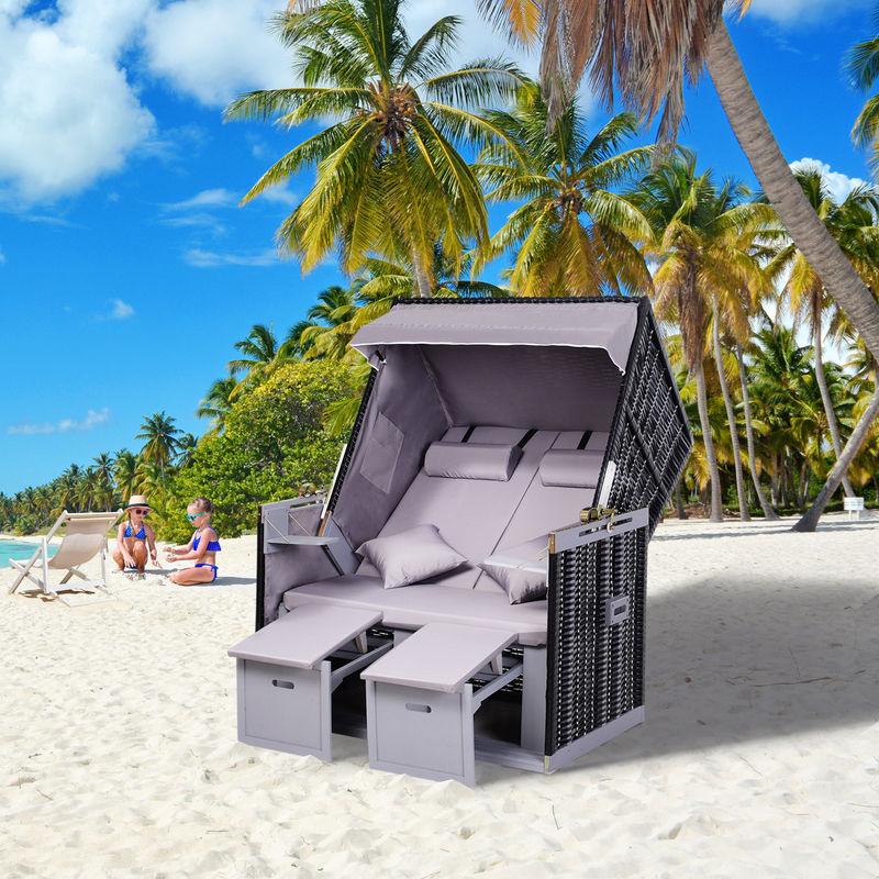 Outsunny Strandkorb Doppelte Sonnenliege als Volllieger mit Dach und Getränkehalter aus PE Rattan in Grau, B/T/H: 118 x 79 x 50 cm - Bild 2