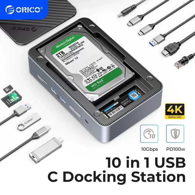 ORICO 10-in-1 Dockingstation in Grau mit Dual M.2 NVMe SSD-Gehäuse, 3,5-Zoll-Festplattengehäuse, HDMI 4K UHD und Ethernet/LAN für Steam Dock mit PD 100W Unterstützung - Bild 1