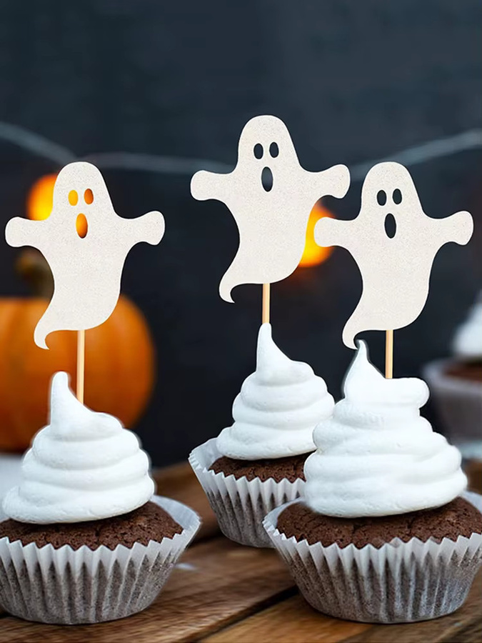 12 Stück VRISE Halloween White Ghost Cupcake Topper aus Papier für Party und Babyparty Dekoration in Weiß - Bild 7