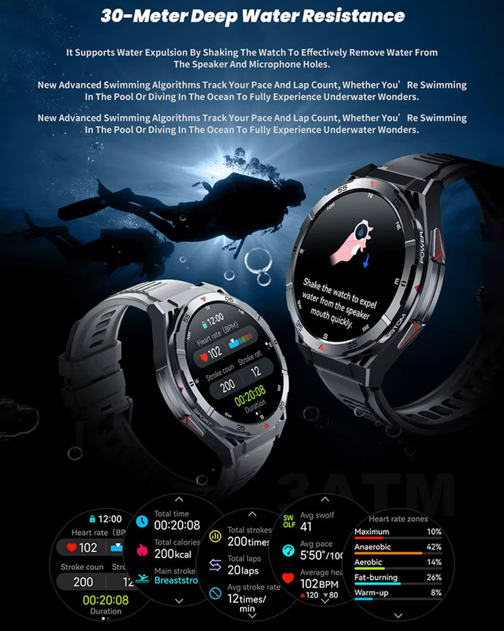 GUHUAVMI Outdoor Smartwatch für Männer mit integriertem GPS, 1,43 Zoll AMOLED Display, Kompass und Bluetooth Anruffunktion, 3ATM Wasserdicht, Schwarz/Silber - Bild 4