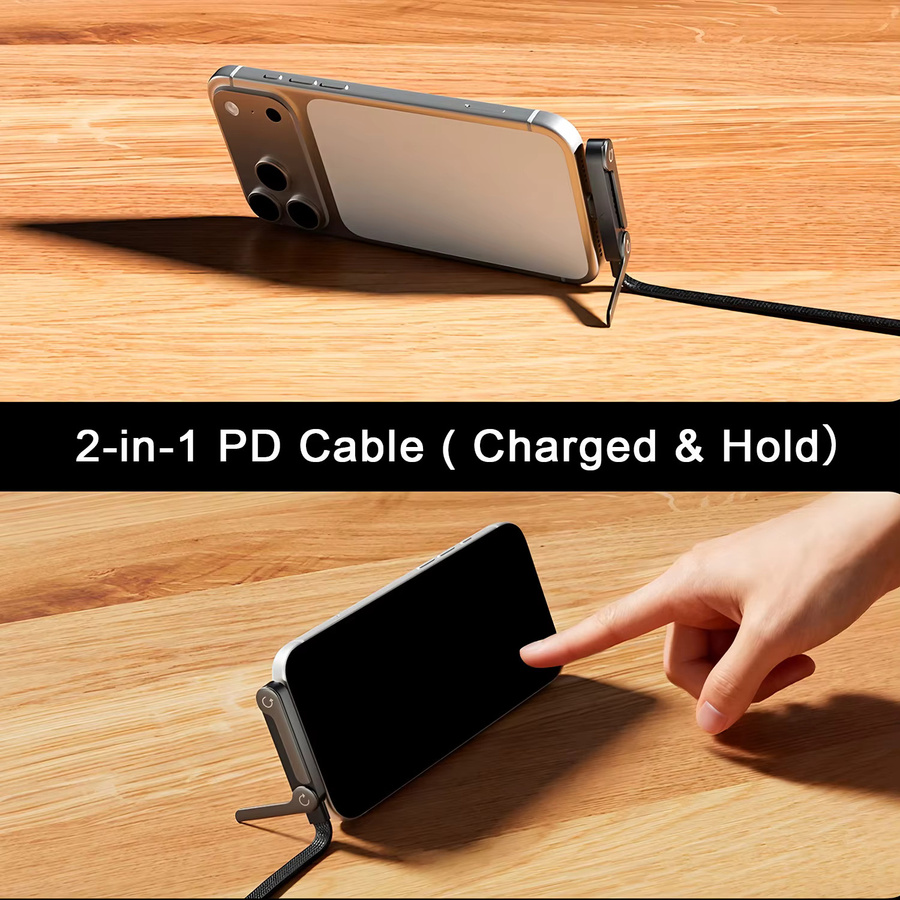 Amzwn 2-in-1 Typ-C-Kabel mit faltbarem Handyhalter, 240 W Schnelllade-Datenkabel und Dual-PD-Funktion, Schwarz - Bild 5