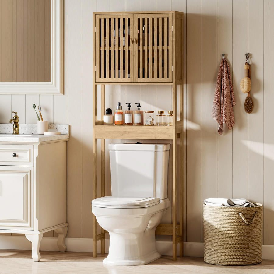 Aosom HOMCOM WC-Regal Badezimmerschrank aus Bambus mit 2 Türen und offenem Fach, Naturholz, B: 60 cm, T: 21,5 cm, H: 172 cm - Bild 2