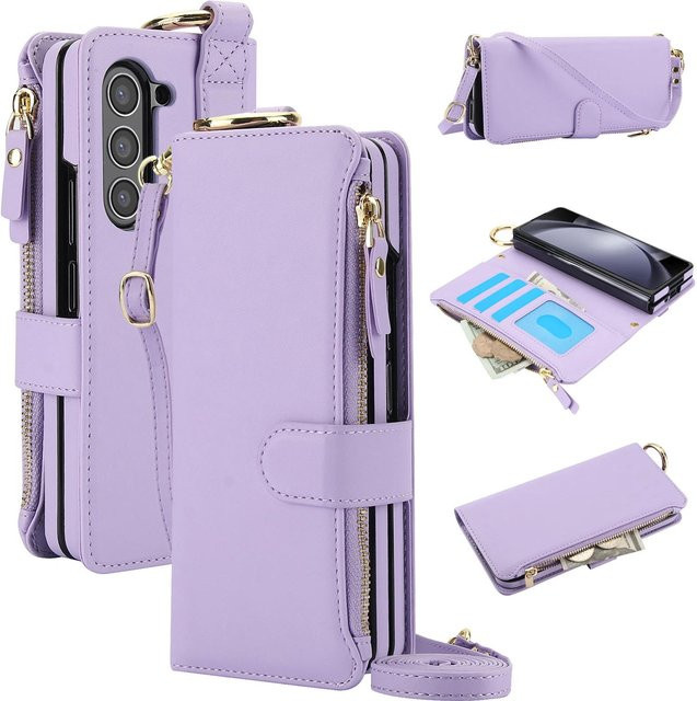 Lederhülle mit Kartenfach und Ringhalter für Samsung Galaxy Z Fold 3 4 5 6 5G in Lila - Bild 1