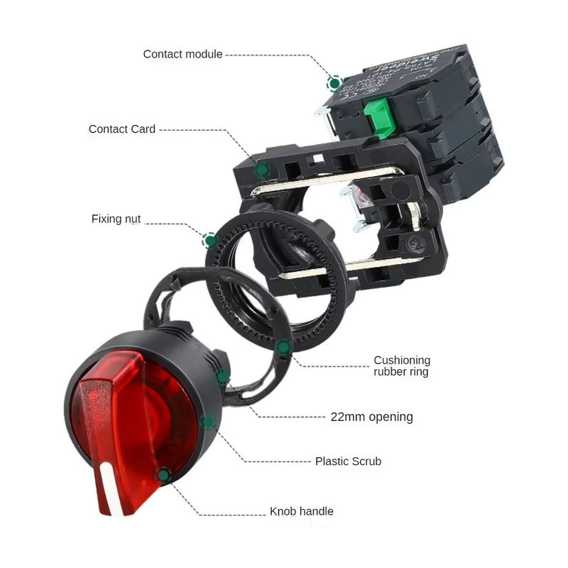 Sweideer XB4 Drehknopfschalter mit LED 22mm, 2/3-Positionen selbstverriegelnd, 1NO/2NO/1NO1NC Wahlschalter mit Beleuchtung, 12V 24V 220V 10A, Rot/Grün - Bild 3