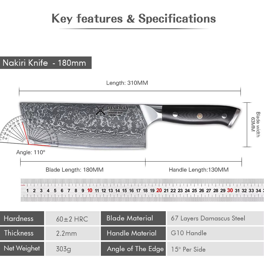 DASHWAY Nakiri Kochmesser aus japanischem Damaszener Stahl, 17,78 cm Profi-Gemüseschneider mit ABS-Griff - Bild 3