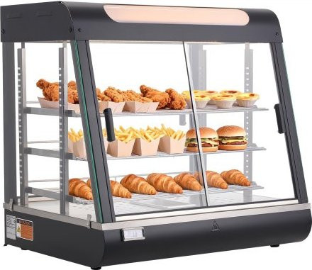 VEVOR 3-stöckige Wärmetheke mit LED-Beleuchtung, 100 L Speisevitrine in Schwarz mit verstellbaren Ablagen und Glas, 1200 W elektrische Warmhaltevitrine für Hamburger, Pizza und Brathähnchen - Bild 1