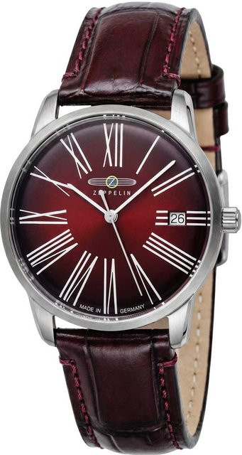 Zeppelin Armbanduhr, Analoguhr, Quarz, Edelstahl, Leder, Rot, 35 mm, Damen - Bild 1