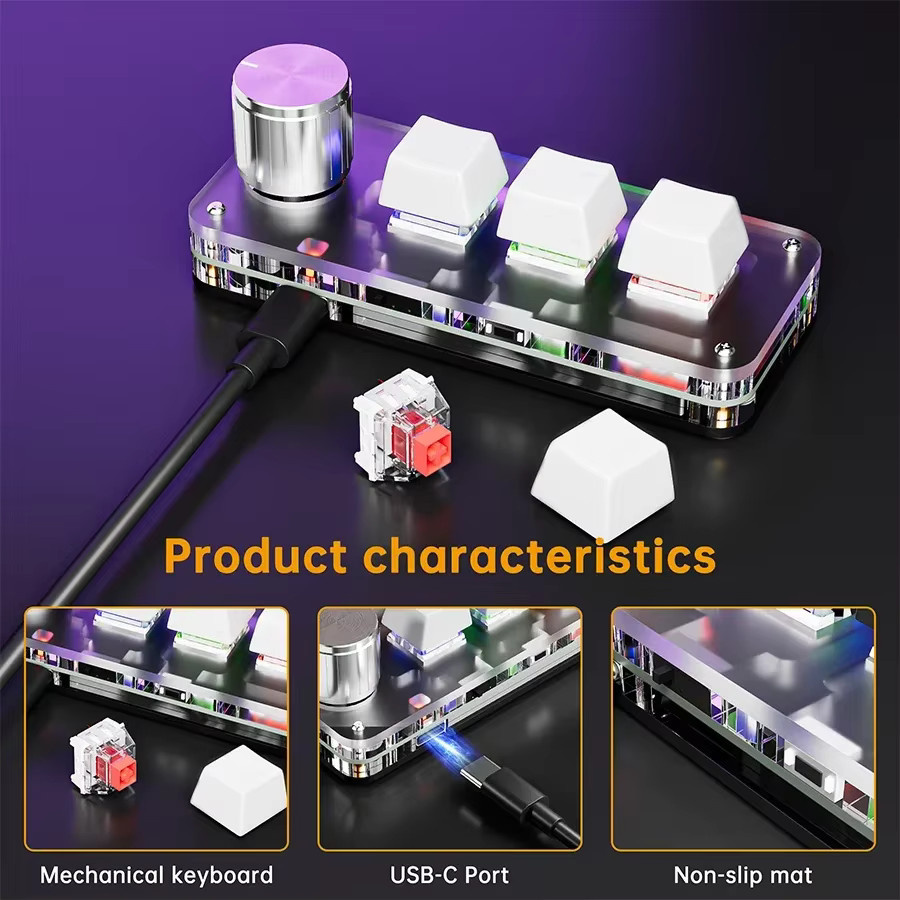 GGBEE Mechanische Makro-Tastatur mit 3 Tasten und 1 Knopf, 2,4 G und Bluetooth, Hot-Plug Shortcut-Tastatur für E-Sport, Weiß - Bild 5