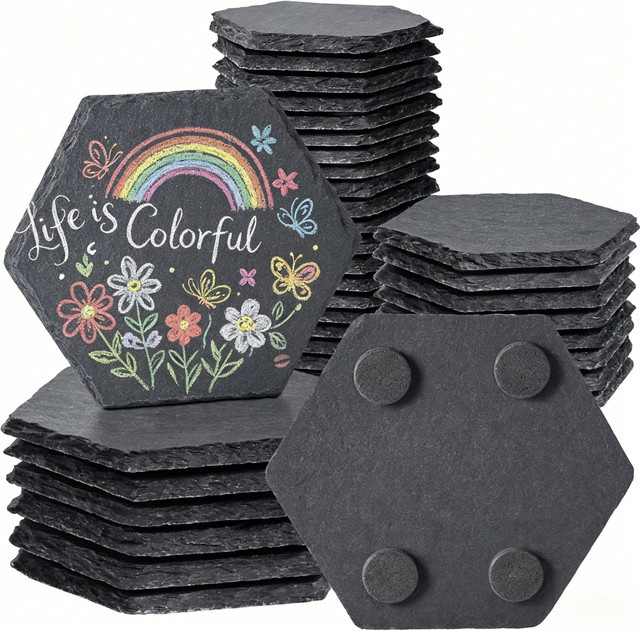 Dofiki Schiefer Untersetzer Hexagonal Schwarz aus Naturstein, Durchmesser: 10 cm - Bild 1