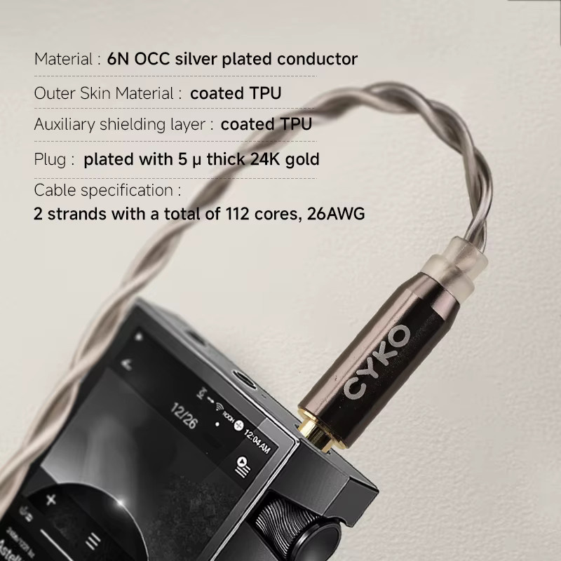 CYKO HiFi Upgrade-Kopfhörerkabel aus 6N-Einzelkristall-Kupfer und silberbeschichtet mit 4,4 mm / 3,5 mm Jack und 0,78 mm 2-poligem goldenem Stecker in Gold und Silber - Bild 4