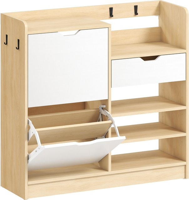 HOMCOM Schmaler Schuhschrank mit 2 Türen, Schublade und 4 Haken für 14 Paar Schuhe, Natur und Weiß, B/T/H: 93 x 30 x 90 cm - Bild 1