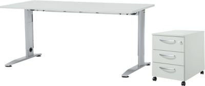 Schäfer Shop Büro-Set bestehend aus manuell höhenverstellbarem Schreibtisch mit C-Fuß und Rollcontainer in Lichtgrau und Weißaluminium, B: 160 cm, T: 80 cm, H: 66-82 cm - Bild 1