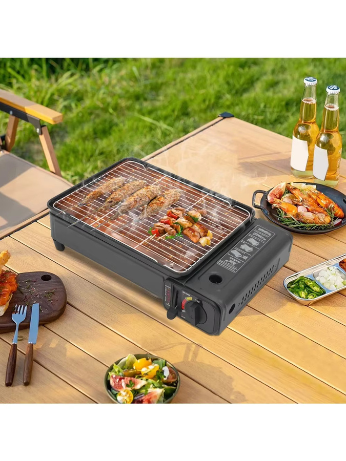 Tragbarer Butan-Campingkocher in Schwarz mit Grillnetz und Tragetasche für den Außenbereich - Bild 5