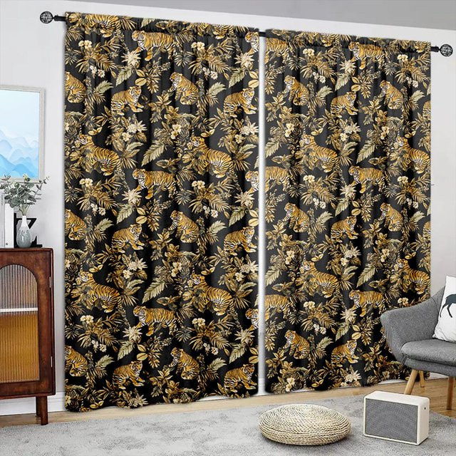 2er-Set dekorative Vorhänge mit Tiger- und Blumenmuster in Schwarz und Multicolour, halbtransparent, Breite: 52,5 cm, Höhe: 116 cm - Bild 1
