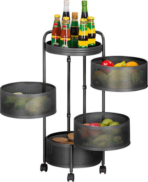 TOMTOP JMS Rotierendes Küchenregal aus Karbonstahl, 4-stufiges rundes Lagerregal mit Rollen, Schwarz Matt - Bild 1