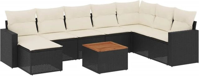 vidaXL 9-teilige Garten-Sofagarnitur aus Poly-Rattan und Akazienholz in Schwarz-Creme mit Kissen - Bild 1
