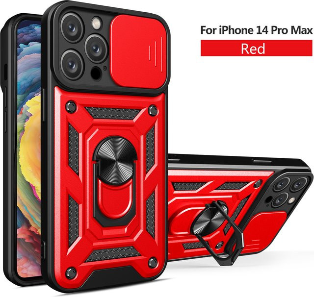 Magnetische Stoßfeste iPhone 14 ProMax Schutzhülle mit Ring-Ständer in Rot - Bild 1