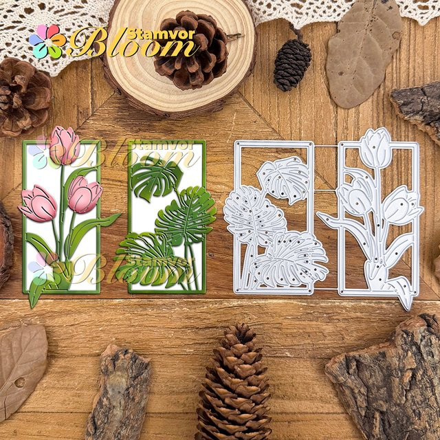 Metall-Stanzform für Scrapbooking mit Blumen, Blättern, Tulpen und Monstera Deliciosa im quadratischen Rahmen, Silber - Bild 1