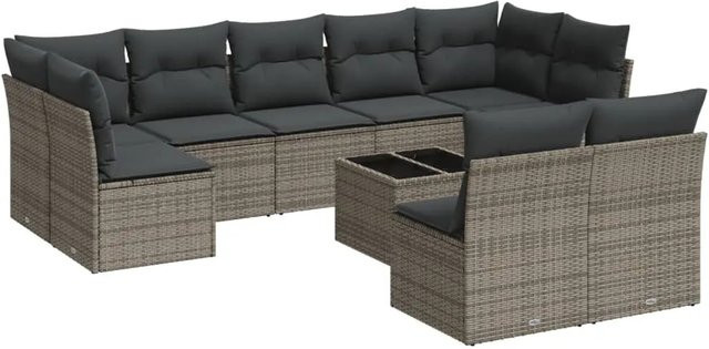 vidaXL 10-tlg Garten-Sofagarnitur aus Poly-Rattan in Grau mit Tisch und Polsterkissen inklusive Stauraum - Bild 1