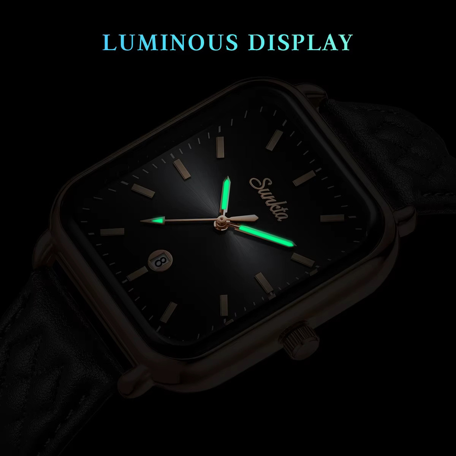 SUNKTA Armbanduhr Damen, Quarz, Leder, Roségold, Eckig, Schwarz - Bild 6