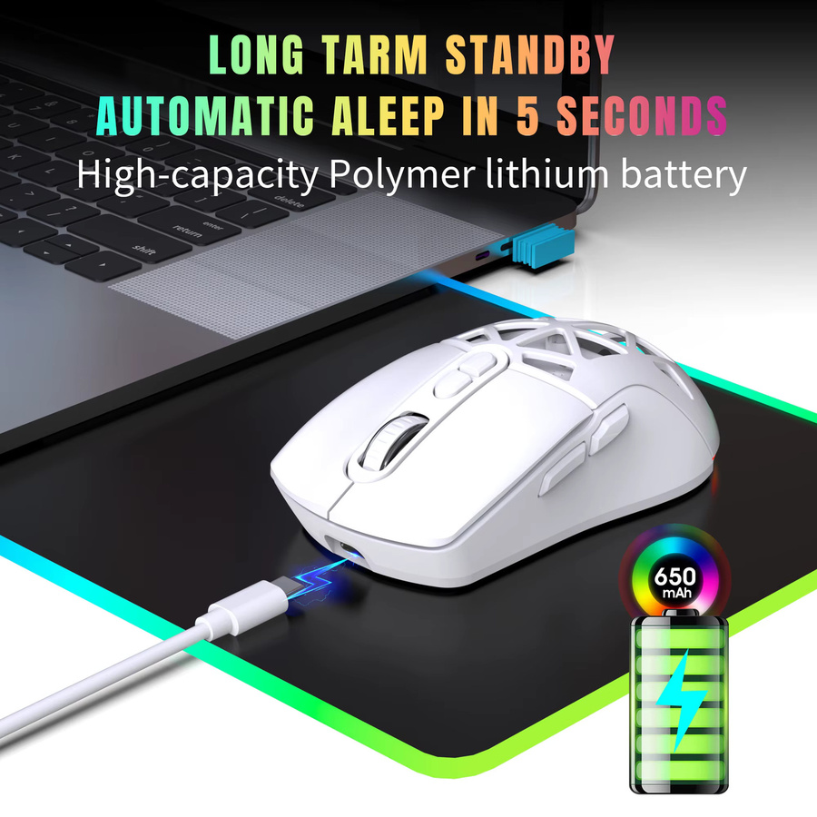 HXSJ Kabellose Gaming-Maus in Weiß mit Tri-Mode Verbindung, ergonomische Bluetooth und USB-C wiederaufladbare leise Maus für PC und Laptop - Bild 5