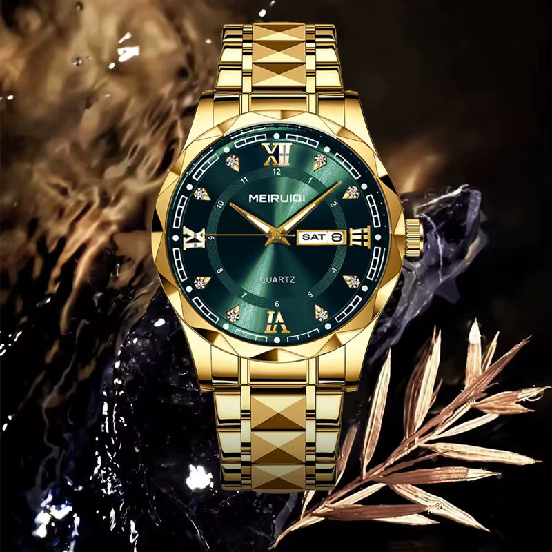 MEIRUIQI Armbanduhr Quarz, Edelstahl, Gold, Grün, Herren - Bild 4