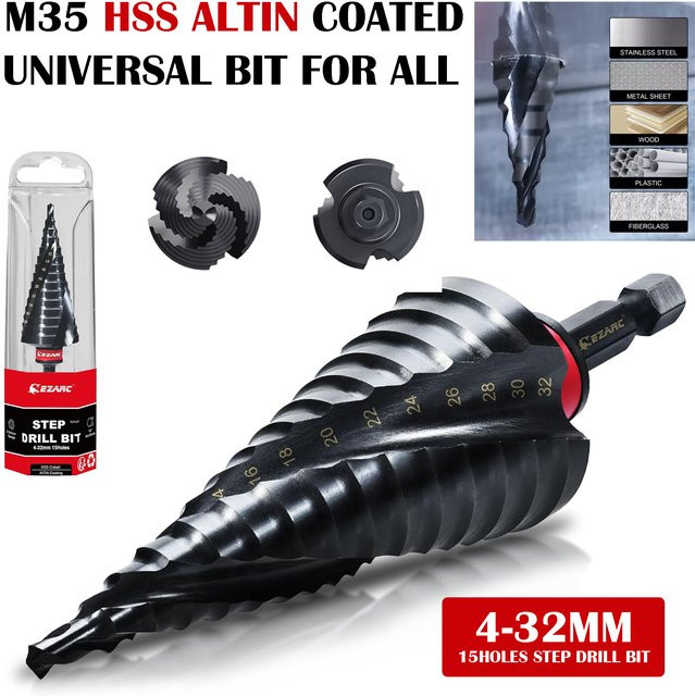 EZARC Stufenbohrer für Metall, 15-stufiger Kegelbohrer mit M35 Spiral-Schlitz und AlTiN-Beschichtung, 4-32mm - Bild 1