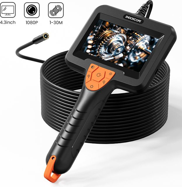 ENWOR Tragbares Industrie-Endoskop mit 4,3 Zoll IPS-Bildschirm, 8mm Sonde und 8 LEDs, Schwarz, Wasserdichte Inspektionskamera mit 1m bis 30m Kabel - Bild 1