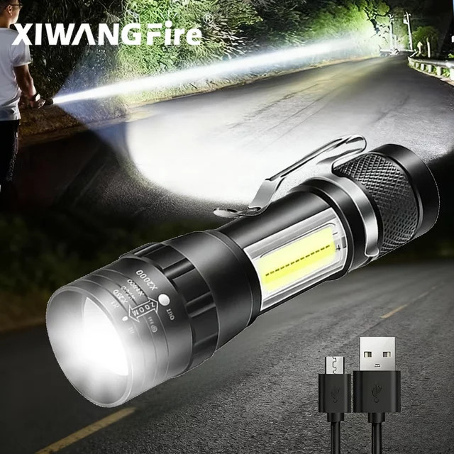 XIWANGFIRE Mini Taktische LED High Power Taschenlampe in Schwarz, wiederaufladbar mit Zoom, COB-Seitenlicht und Wasserdichtigkeit für Outdoor und Camping - Bild 1